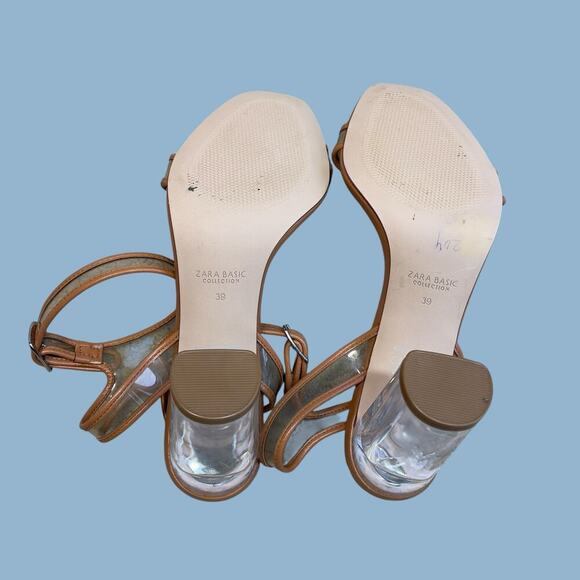Zara lucite clear tan brown ankle strap block heels sandals size EU 39 US 8 - Picture 6 of 16